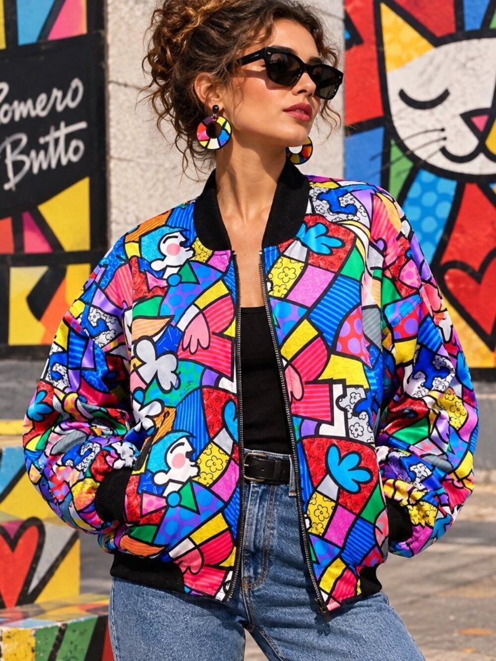 Vintage 1990s Pop Art Romero Britto Satin Bomber Jacket